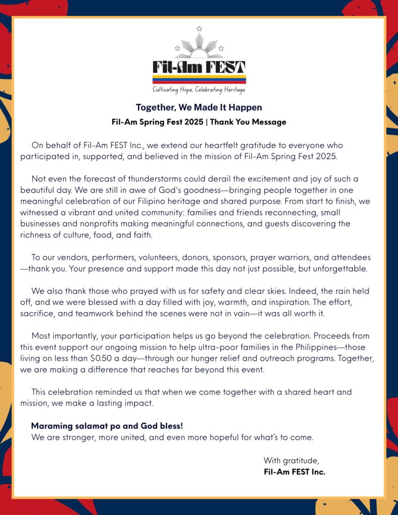 Official thank-you message from Fil-Am FEST Inc. after Spring Fest 2025, thanking attendees, volunteers, and supporters